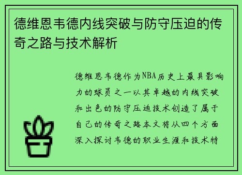 德维恩韦德内线突破与防守压迫的传奇之路与技术解析